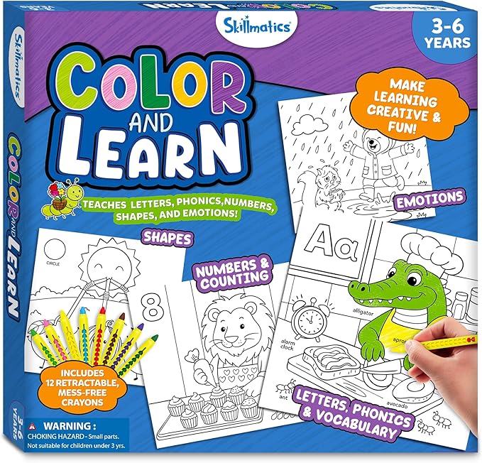 Skillmatics Color & Learn Activity Book – Letters, Numbers, Phonics & Shapes, 12 Retractable Mess-Free Crayons & 50 Pages, Educational Gift for Toddlers and Preschoolers Ages 3, 4, 5, 6