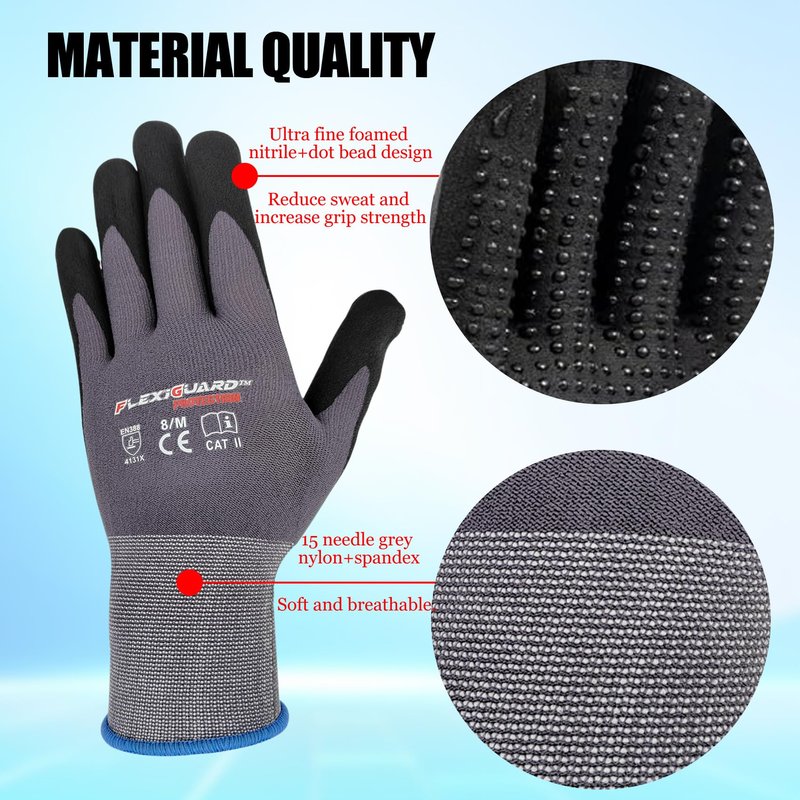 Gasoline Safety Work Gloves Extra Micro-Foam Nitrile Coated-12 Pairs,Endurance Seamless Knit Nylon Spandex,Dots on Palm, Dot Grip Gloves，Work Gloves Men and Women (12, M)