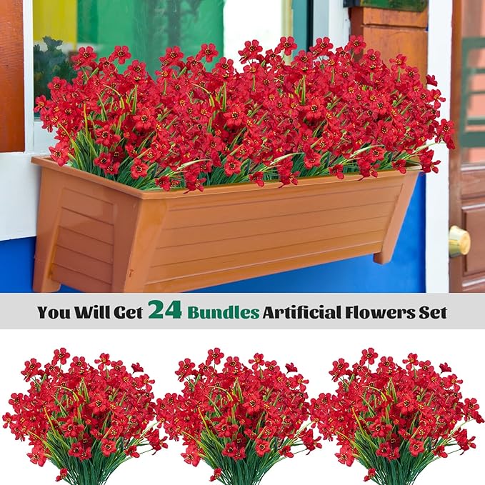 Lnoicy 24 Pcs Artificial Flowers for Outdoor,Plastic Flowers Decoration, UV Resistant Faux Flowers Shrubs, Artificial Plants for Indoor Outside Garden Home Wedding Farmhouse(Red)