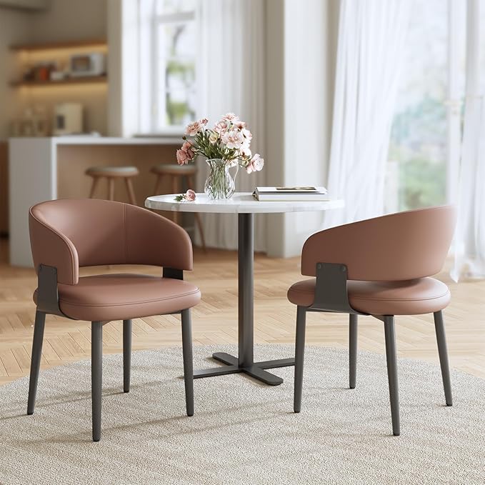 Modern Dining Chairs Set of 2, Faux Leather Upholstered Kitchen Chairs with Curved Back and Metal Legs, Mid Century Chairs for Dining Room, Kitchen, or Café (Brown)
