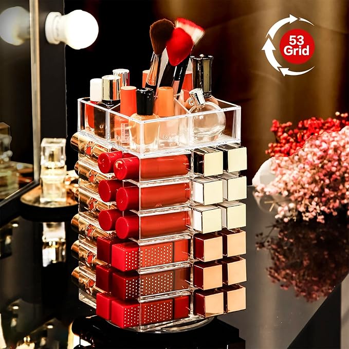 Acrylic Lipstick Tower Holder, 360 Degree Rotating Makeup Cosmetic Lipsticks Organizer with 53 Slots, Spinning Lipgloss Storage Display Stand Holder