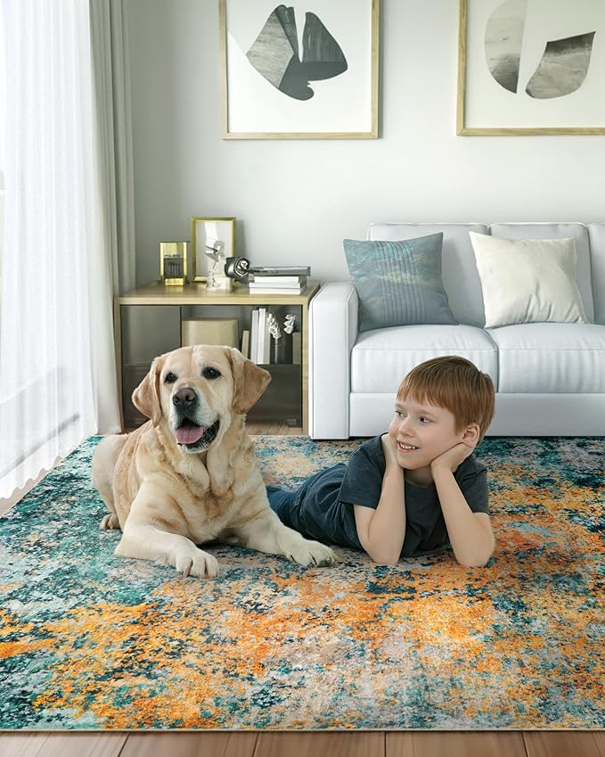 Washable Area Rug for Living Room: 8x10 Modern Abstract Neutral Soft Rug for Bedroom Dining Room No Slip Low Pile Carpet for Nursery Home Office - Teal/Orange