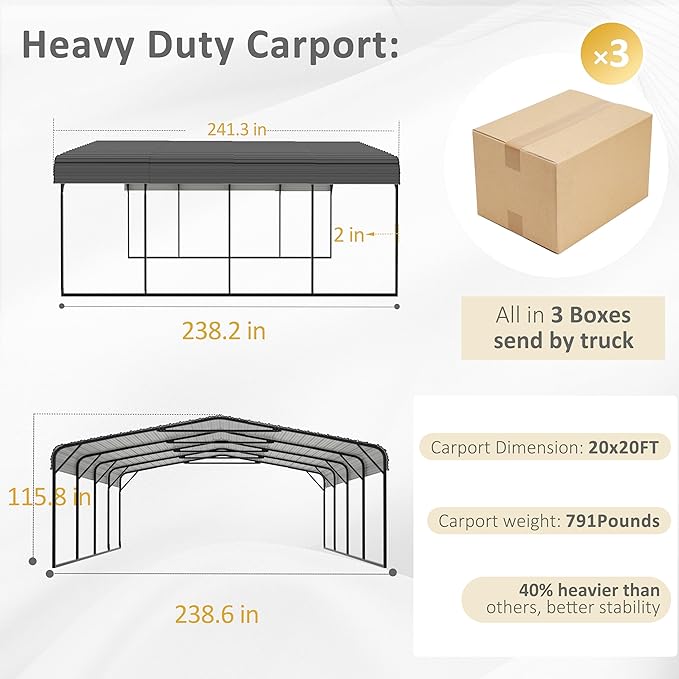 MUPATER 20' x 20' Outdoor Heavy Duty Metal Carport, Garage Car Shelter Shade, Carport Canopy with Heavy Metal Frame, Roof and Bolts for Car, Trucks, Boats, Grey