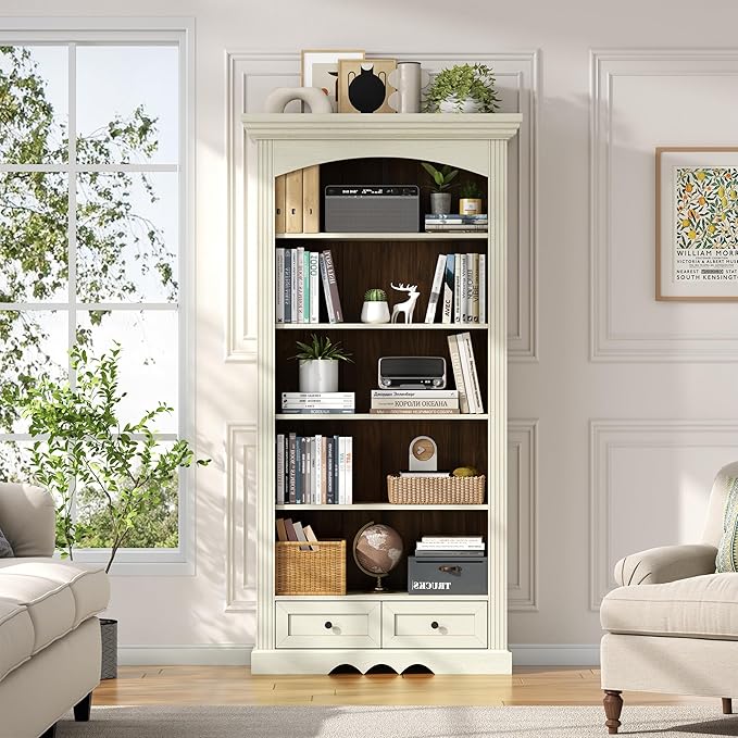 71’’ Tall Arched Bookcase with Stroage, Farmhouse 5-Tier Arch Bookshelf with Drawers, Freestanding Book Shelf with Adjustable Shelf and Roman Column Pattern for Home Office (1, White)