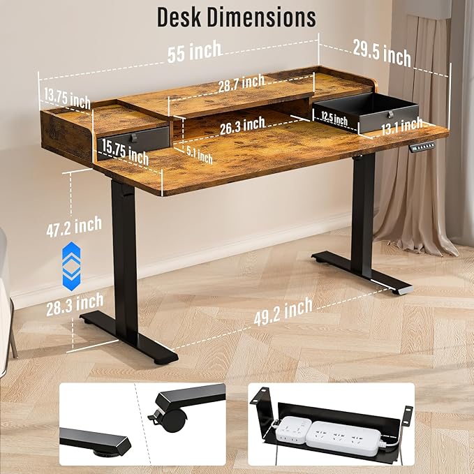 Kingant 55" x 30" Standing Desk with Drawers, Large Desktop, Ergonomic Sit Stand Desk for Home Office Work, Cable Management, 3 Preset Heights & 2 Hooks, Rustic Brown
