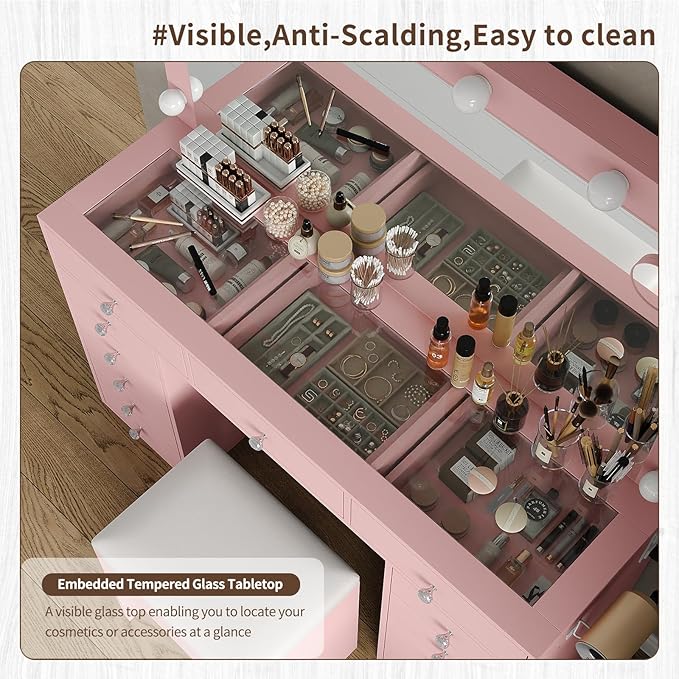 Vanity Desk with Mirror and Lights, 13 Drawers Makeup Vanity with Glass Top, 3 Color Lighting Modes, Makeup Vanity with Chair for Bedroom (Pink)