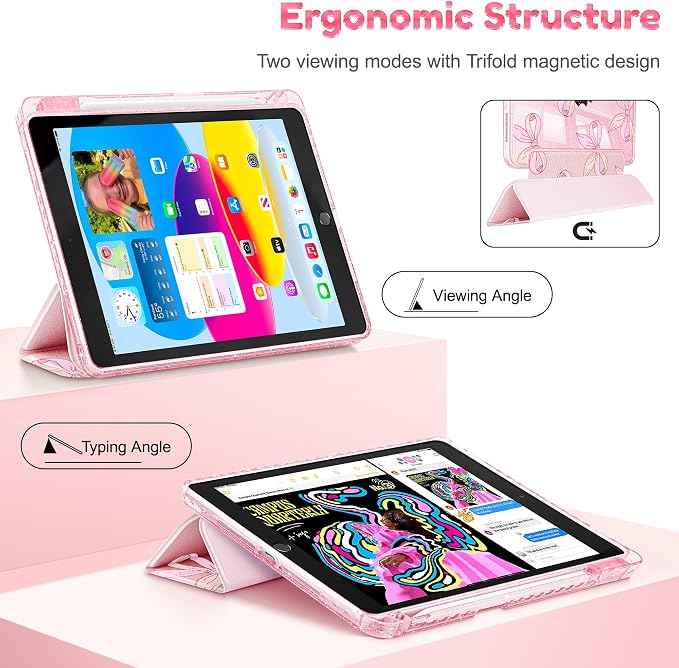 Case for iPad 9th/ 8th/ 7th Generation 10.2-Inch Case(2021/2020/2019 Release) Glitter Tablet Cases with Transparent Acrylic Back+Trifold Stand+Pencil Holder+Auto Wake/Sleep Bows-Stripe