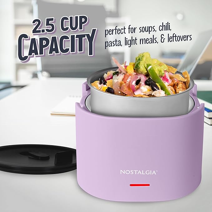 Nostalgia Portable Heated Lunch Box – 2.5-Cup Stainless Steel Food Warmer – Detachable Cord, Leak-Proof Lid, Carry Handle – Portable for Work & Travel – Lavender