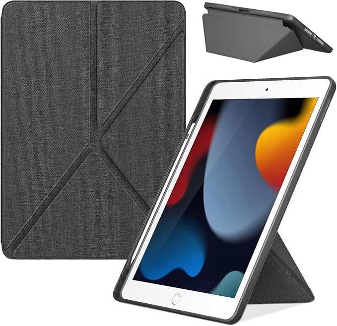 DTTO Foldable Case for for iPad 9th/8th/7th Generation 10.2-inch Black | Origami Magnetic Standing Cover with Pencil Holder，Vertical &amp Horizontal angles Auto Sleep/Wake