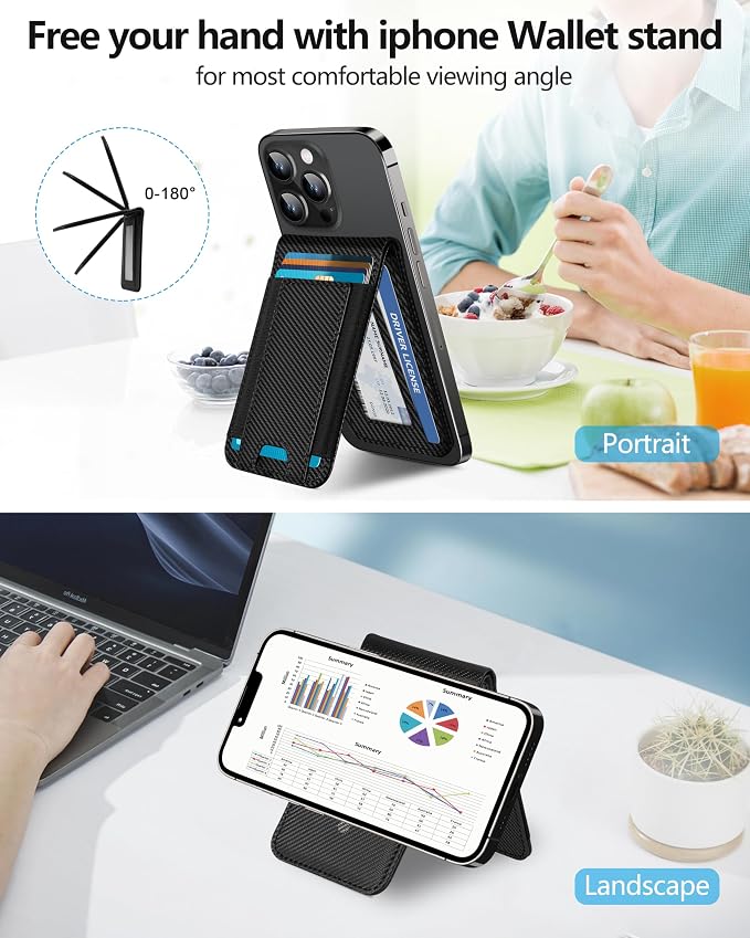 ExtreLife 2-in-1 Magsafe Wallet Adjustable Stand Open ID Window Magnetic Wallet for iPhone 17/16/15/14 Pro Max/14 Pro/14 Plus/13/12 Series 9 Cards Holder Vegan Leather Black