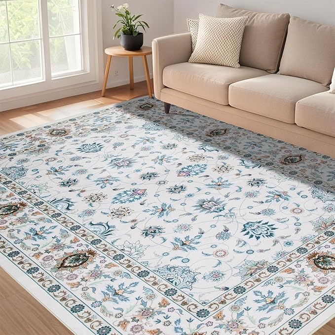 WILLSUN Washable Area Rugs, 5x7 Non-Slip Boho Large Area Rugs for Living Room, Bedroom, Machine Washable Vintage Rug, Indoor Floral Print Carpet for Home Decor, Kid & Pet Friendly Mat