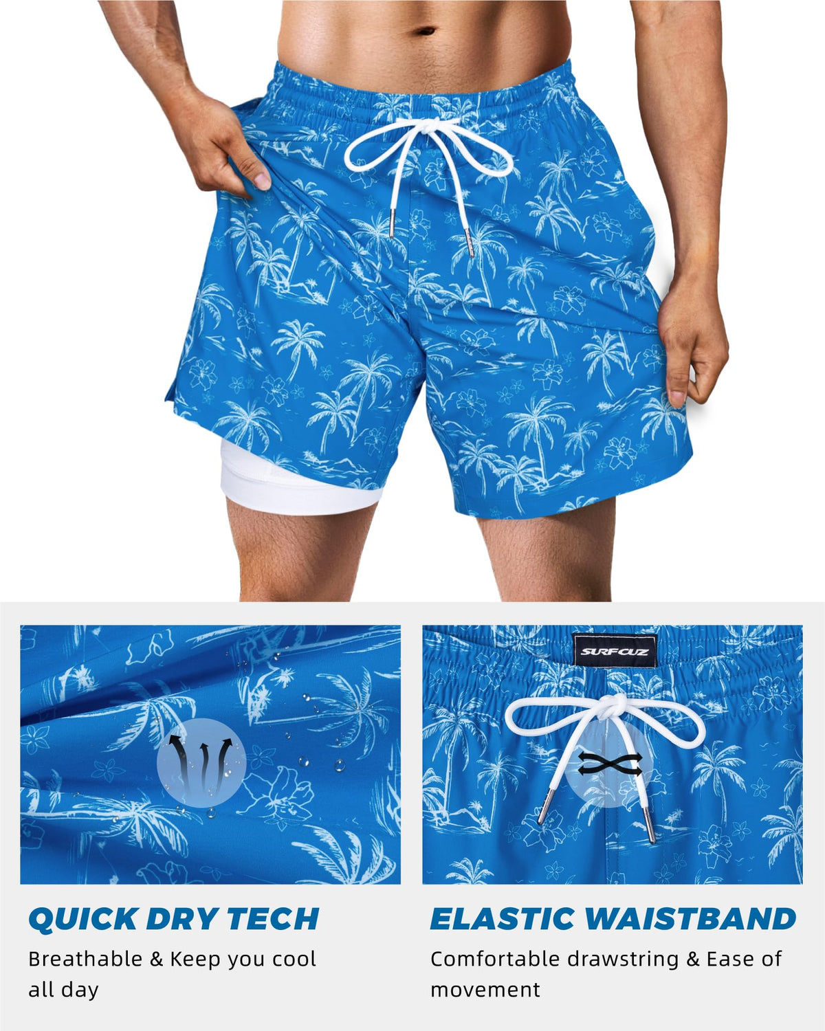 SURF CUZ Mens Swim Trunks with Compression Liner Quick Dry Swim Shorts 7" Swimming Trunks Stretch Zipper Pockets Blue Palm Island X-Large