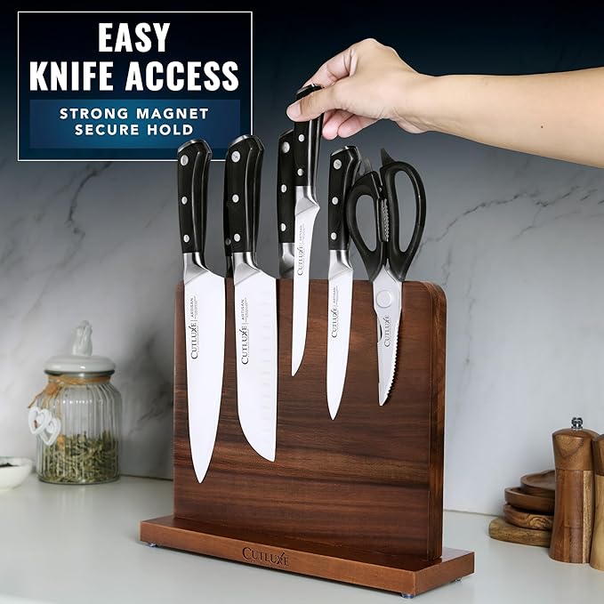 Cutluxe Magnetic Knife Block, Double-Sided Acacia Wood Knife Holder