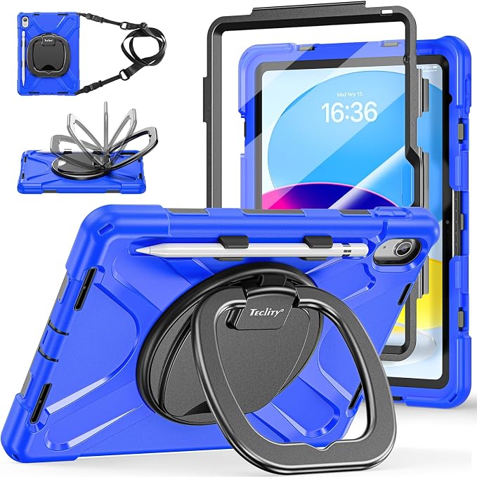 Case for iPad (A16) 11th/10th Generation - 2025/2022 (11″/10.9″) | 4 Layers Drop Protection iPad Case with Screen Protector 360° Rotating Stand Shoulder Strap Pencil Holder Black