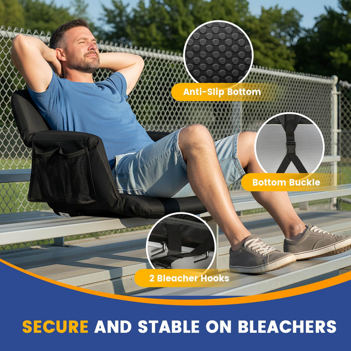 Sheenive Stadium Seat with Back Support (2 Pack) - 2.8'' Thick Comfy Cushion, Wide Padded Reclining Bleacher Seat with Armrests - Includes Backpack Strap, Carry Handle, 2 Cup Holders & 2 Large Pockets