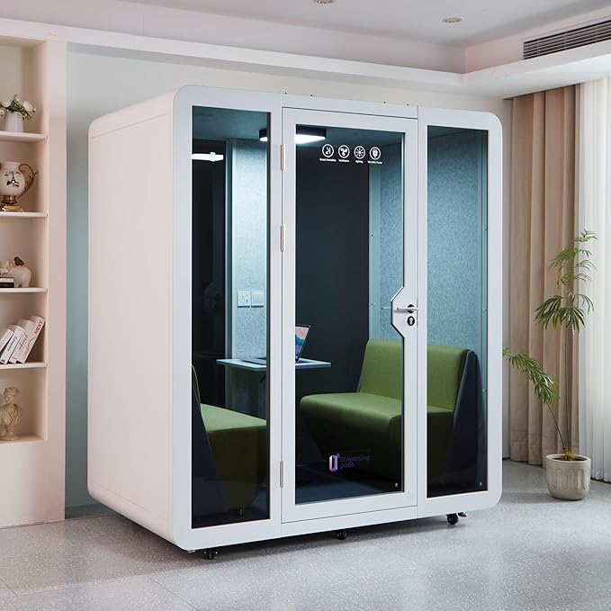 GEARONIC Mobile Office Pod Booth, Sound Proof Office Pod Booth with Mobile Roller, Larger Space for 2-4 People, LED Lighting System,Fans and AC USB Ports（White-Grey）