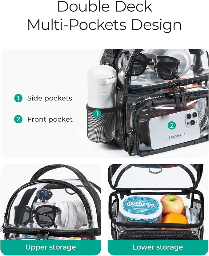 BAGSMART Stadium Approved Clear Bag 12"x6"x12", Double Deck Lunch Box, Convertible to Backpack, Waterproof PVC, Black