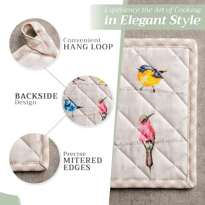 Maison d' Hermine Pot Holders set 100% Cotton Heat Resistant Potholders 8" x 8" Hot Pads with Loop BBQ, Cooking, Baking, Grilling, Kitchen, Handling Hot Pans Spring/Summer (Pack of 2, Birdies On Wire)