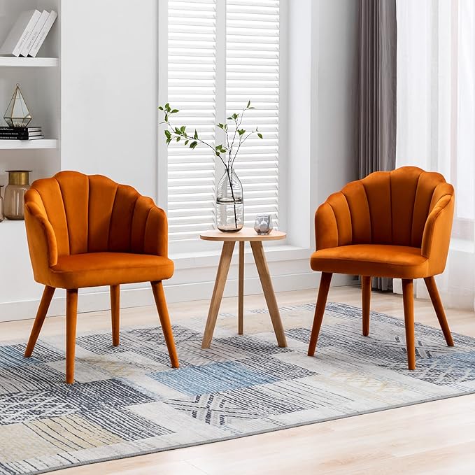 Velvet Dining Chairs Set of 4 Modern Living Room Chairs with Petal Back & Wood Legs Comfy Upholstered Side Chair for Dining Room/Bedroom/Vanity, Orange