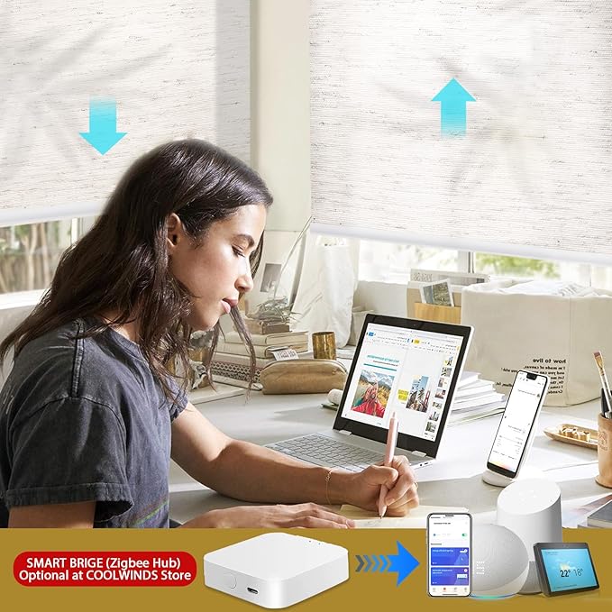 COOLWINDS Motorized Blinds with Remote Cordless Automatic Motorized Shades Custom Blinds for Windows Smart Curtains Compatible with Alexa Google Home(Light Filtering Linen Sandy Beach,W25 x H72in)