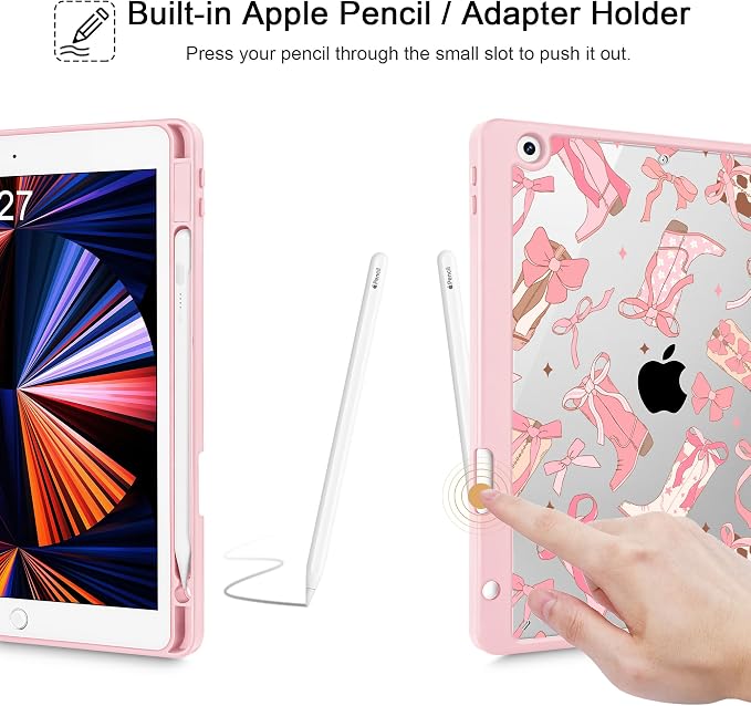 Case for iPad 9th/8th/7th Generation 10.2-Inch (2021/2020/2019 Release) with [Built-in Pencil Holder] Shockproof Cover with Clear Transparent Back Shell &amp Auto Wake/Sleep - Blue Bows