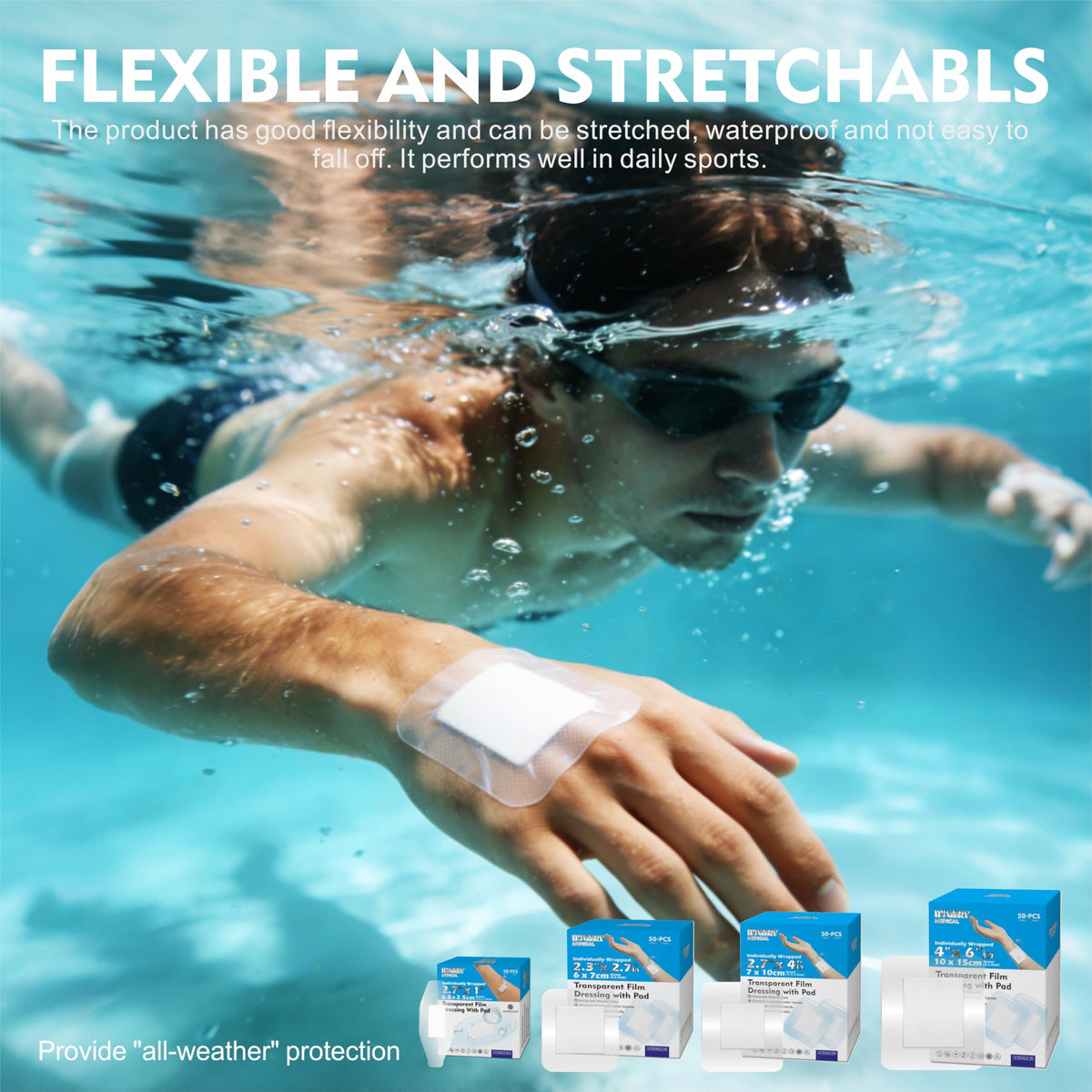 HTLARY Waterproof Transparent Film Dressing with Absorbent Pad 50-Pack Sterile Adhesive Bandages Post-Surgical Wound Cover, Protective Barrier for Sensitive Skin (2.3‘’x2.7‘’)