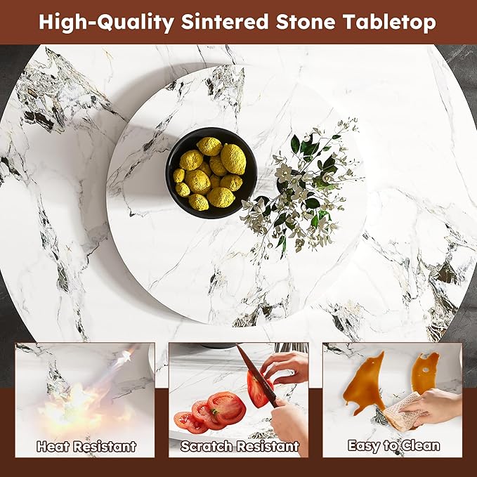 59" Round Modern Marble Dining Table with Lazy Susan, Sintered Stone Top for Kitchen, Dining Room, Dinette, Space Saving Design