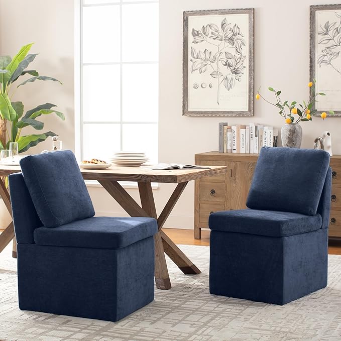 VKNOW Upholstered Dining Chairs, Modern Kitchen Chairs with Storage, Linen Armchair Dining Room Chairs for Kitchen Room, Navy Blue