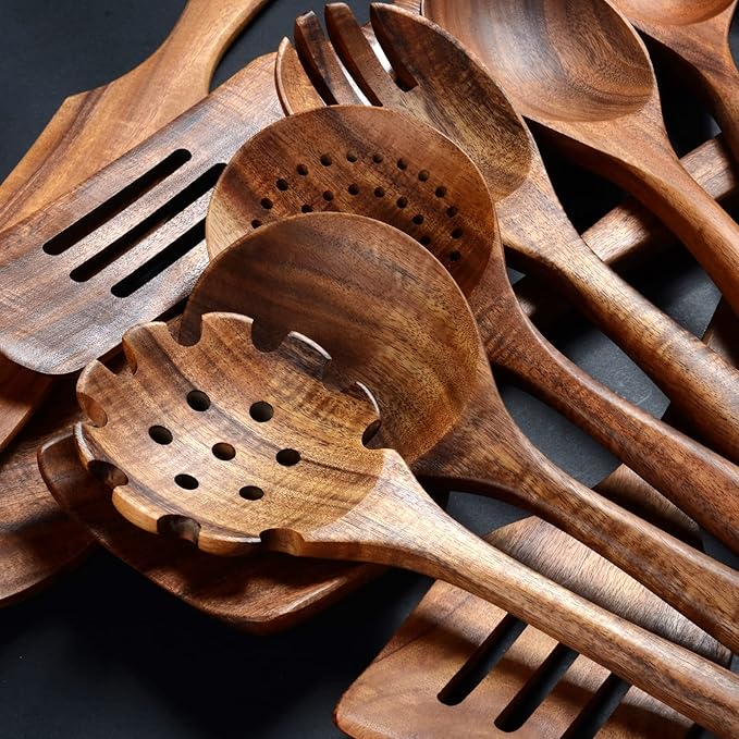 Wooden Spoons for Cooking,12 Wood Kitchen Utensils Set with Comfort Grip