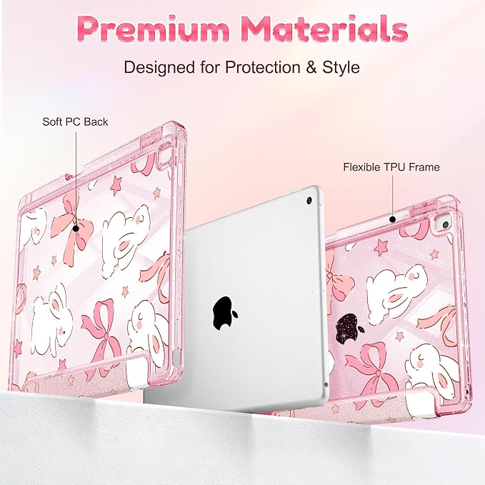 Case for iPad 9th/ 8th/ 7th Generation 10.2-Inch Case(2021/2020/2019 Release) Glitter Tablet Cases with Transparent Acrylic Back+Trifold Stand+Pencil Holder+Auto Wake/Sleep Bows-Stripe