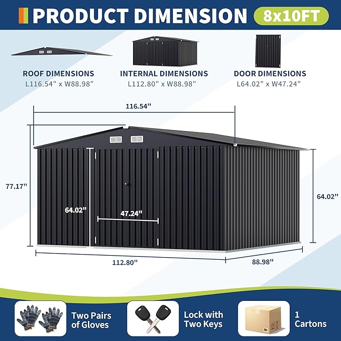 8x10 FT Metal Storage Sheds Outdoor, Metal Yard Sheds MetalGarden Shed Kit, MetalTool Shed with Lockable Door, Utility Buildings with Air Vent for Backyard Garden Patio Lawn