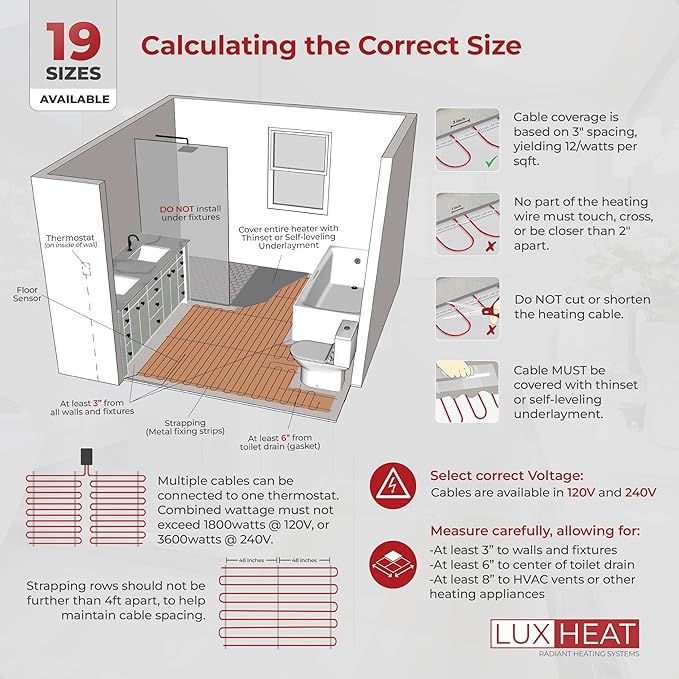 40sqft Floor Heating Cable Kit - 120v In Floor Heating System for Tile - Heated Flooring System - Includes UDG Programmable Thermostat w/GFCI, Heater Cable, Strapping, Flooring Sensor & Alarm
