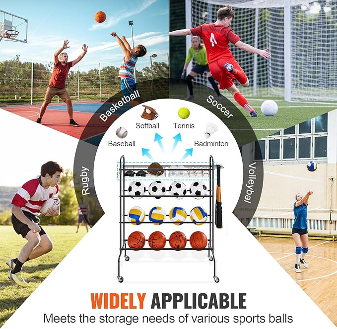 VEVOR Rolling Sports Ball Storage Cart, Lockable Basketball Cage with Double Lids, Sport Equipment Holder Organizer for Indoor Outdoor, Steel Storage Rack for Garages, Playgroup, Gym and Schools