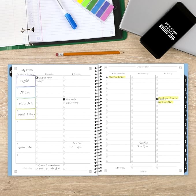 Five Star Planner 2026-2027 Weekly & Monthly Academic 12-Month July-June Advance Student Planner + Study App, 8-1/2" x 11", Blue (CAW65920)