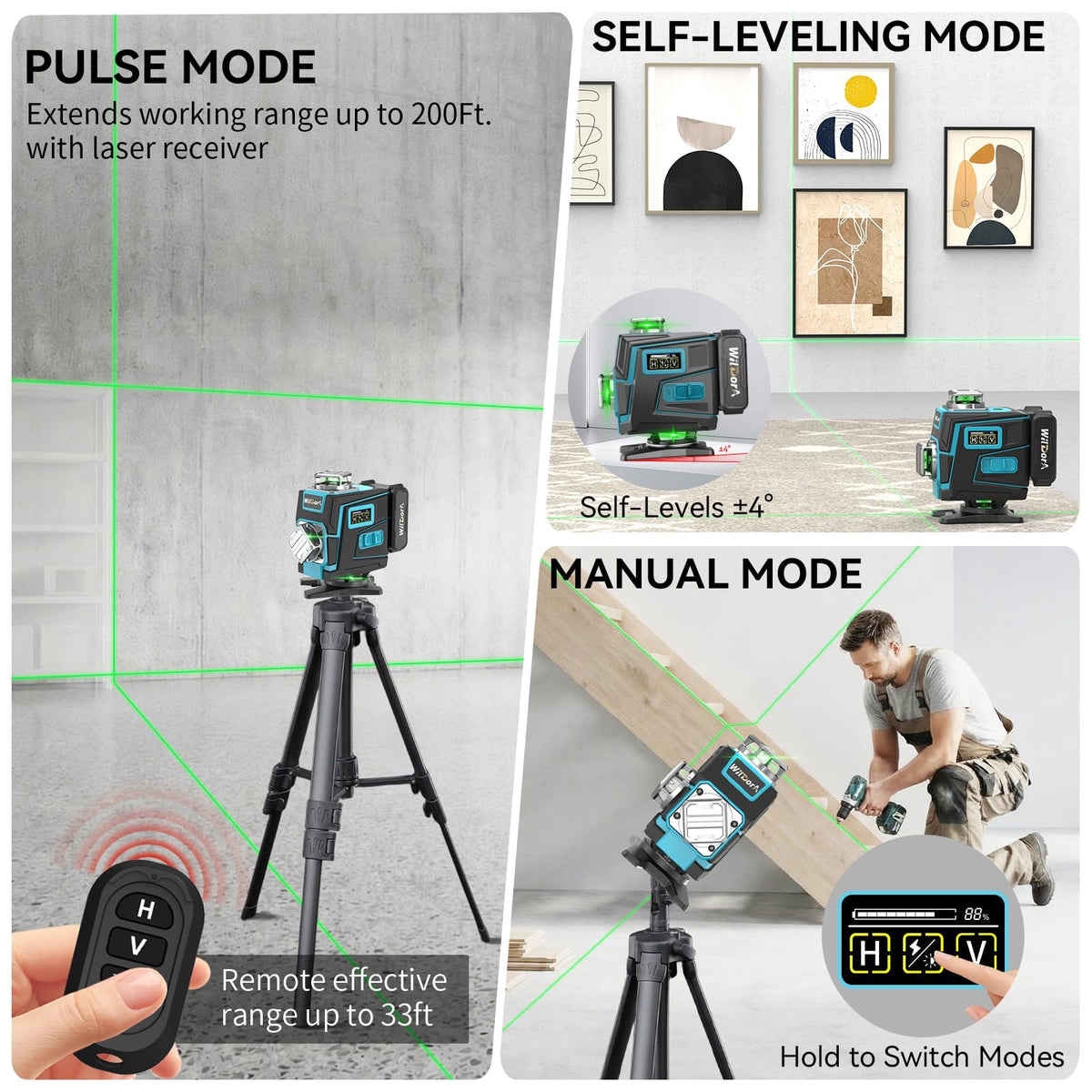 Wildora Laser Level with Tripod, 4x360° Self Leveling ±4° Laser Level, Remote Control 4D Green 16 Line Laser Leveler Tool for Woodworking&Renovation, with 2x4800mAh Li-ion Batteries&Hard Carry Case