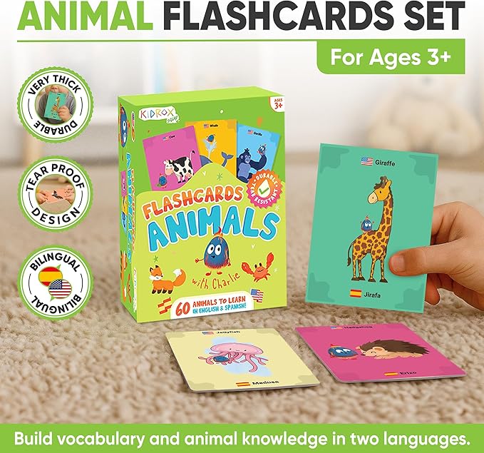 Kidrox Animals Flash Cards, English Learning Cards with Spanish Translations Included, Indestructible Double-Sided, 30 Cards