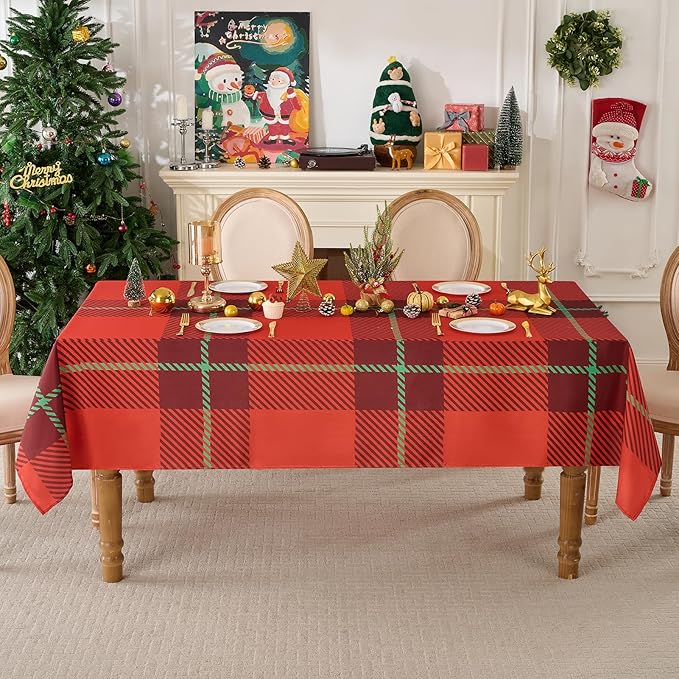 Christmas Tablecloth Rectangular 60x84 Inch Tablecloths for 4ft Waterproof, Machine Washable Polyester Table Cover for Xmas Party, Winter Holiday Home Decoration in Festive Checkered Red 1pack
