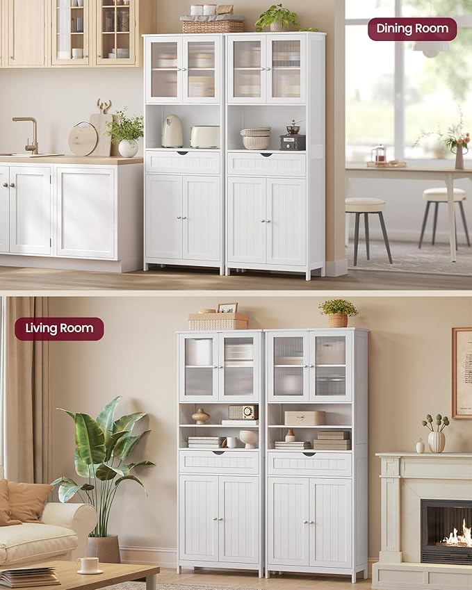 VASAGLE Storage Cabinet, Freestanding Storage Unit with Adjustable Shelves, Drawer, Open Compartments, for Bathroom, Living Room, Kitchen, Cloud White UBBC768WH01S