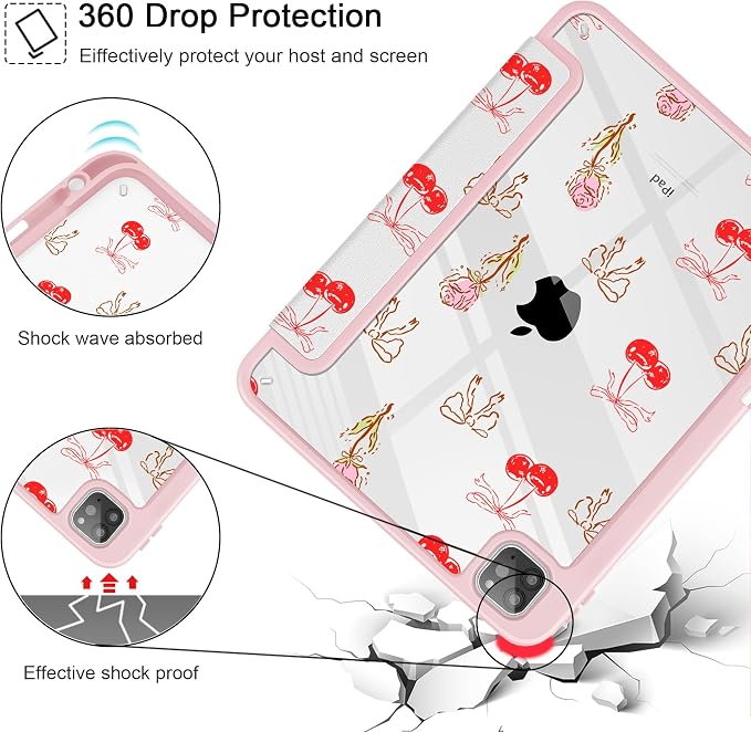 Case for iPad 12.9 Inch (6th/5th/4th/3rd Generation 2022/2021/2020/2018) Pencel Holder + Trifold Support Auto Sleep/Wake Transparent Shockproof Back Cover Abstract Floral SD163