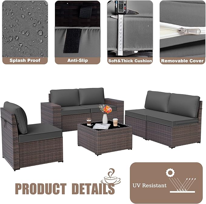 Kurapika 9 Pieces Patio Furniture Set, Rattan Wicker Sofa Set, Outdoor Conversation Sets w/Swivel Rocking Chairs Patio Sectional Sofa w/4 Inch Cushion, Grey