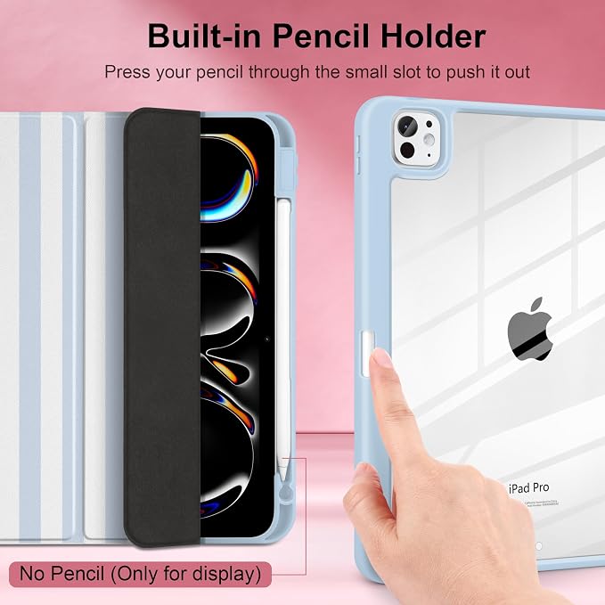 Case for iPad Pro 11 inch M5 2025 /M4 2024 Blue Ribbon Stripe | Blue Ribbon Stripe Folio Case with Clear Back Pencil Holder Trifold Stand and Auto Sleep/Wake for Preppy Aesthetic Users