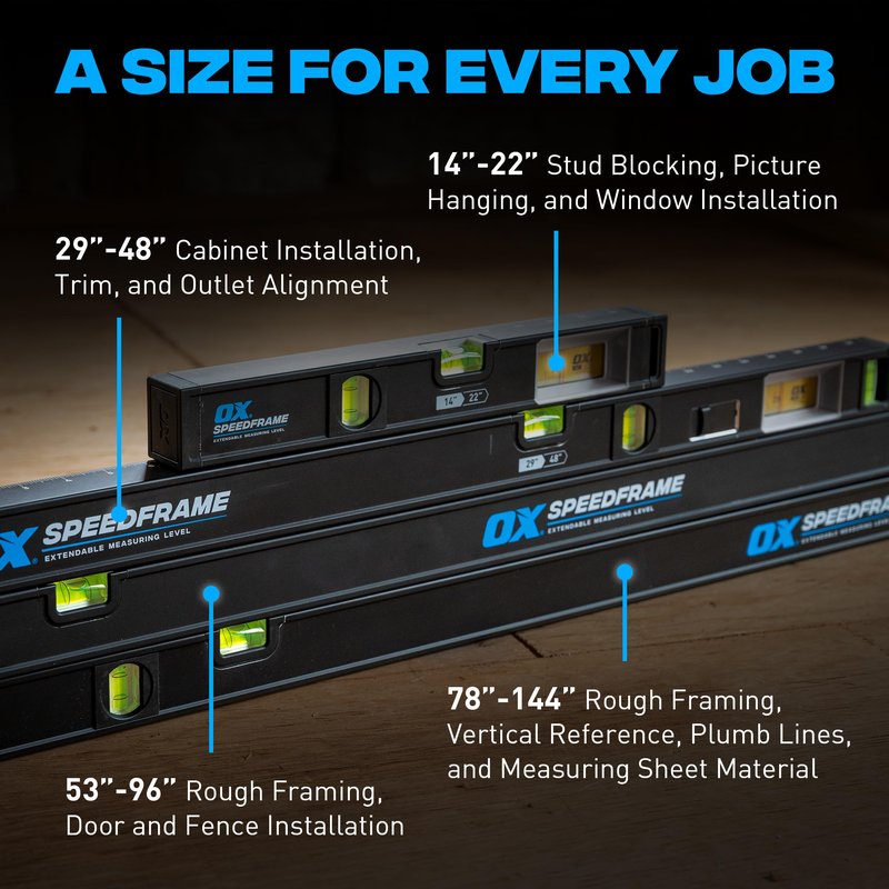 OX Pro 78"-144" Speedframe Measuring Extendable Level with Twin-Rail Extension - 6 Level Vials and Measuring Scale Window