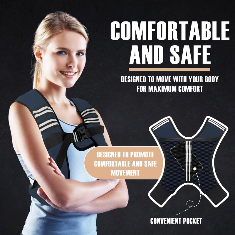 NATURELUX Weighted Vest with Reflective Stripe and Adjustable Buckle Straps, Navy Blue, 30 lbs