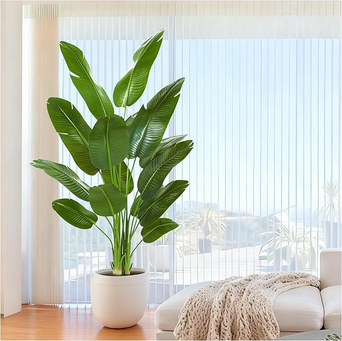 Birds of Paradise Plant Artificial, 6.6FT Fake Plant Faux Banana Leaf Tree with 15 Banana Leaves, Lifelike Tall Fake Tropical Palm Indoor Silk Floor Plant in Black Pot for House,Office,Room,Home Decor