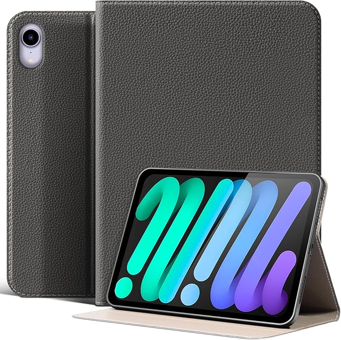 Case for iPad mini 7 (A17 Pro) 2024 iPad mini 6th Gen 2021 Black | Leather Protective Shockproof Smart Cover Adjustable Stand Auto Wake/Sleep Multiple View Angles