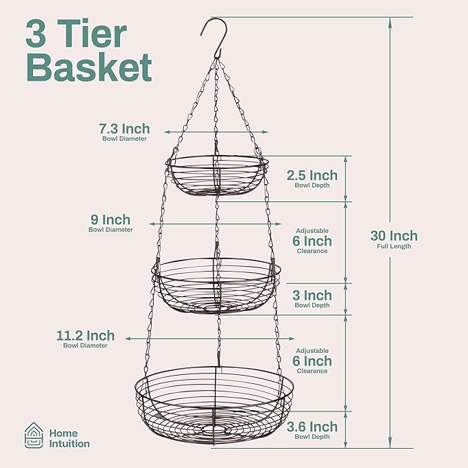 Home Intuition 3-Tier Hanging Fruit Produce Basket Heavy Duty Wire with 2 Metal Ceiling Hooks, Round, Bronze