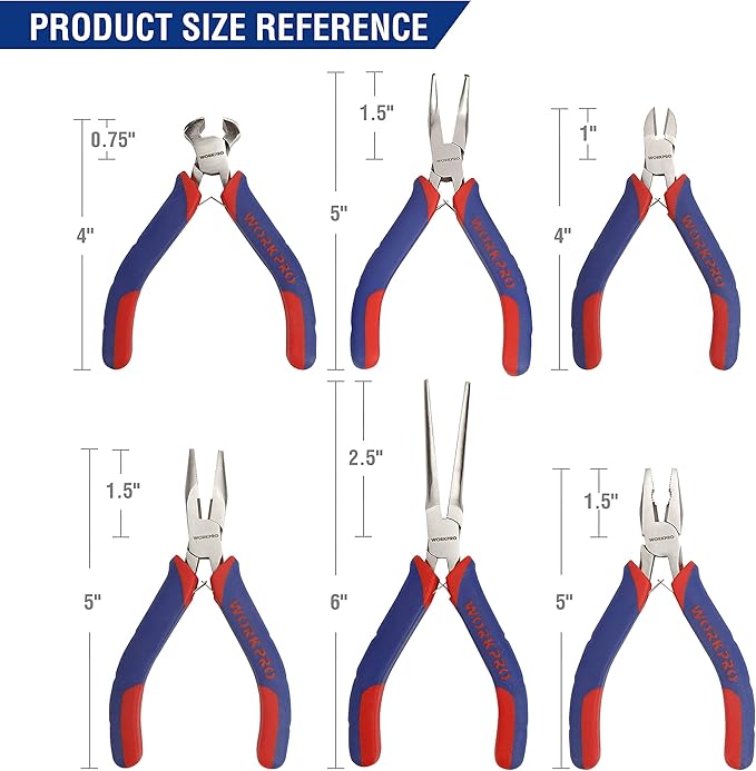 WORKPRO 6-piece Mini Pliers Set - Needle Nose, Diagonal, Long Nose, Bent Nose, End Cutting and Linesman, for Making Crafts, Repairing Electronic Devices, with Pouch