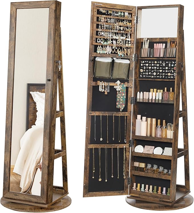SONGMICS 360° Swivel Jewelry Cabinet, Lockable Jewelry Organizer with Full-Length Mirror, Rear Storage Shelves, Interior Mirror, Jewelry Armoire, Gift Idea, Rustic Brown UJJC006X01