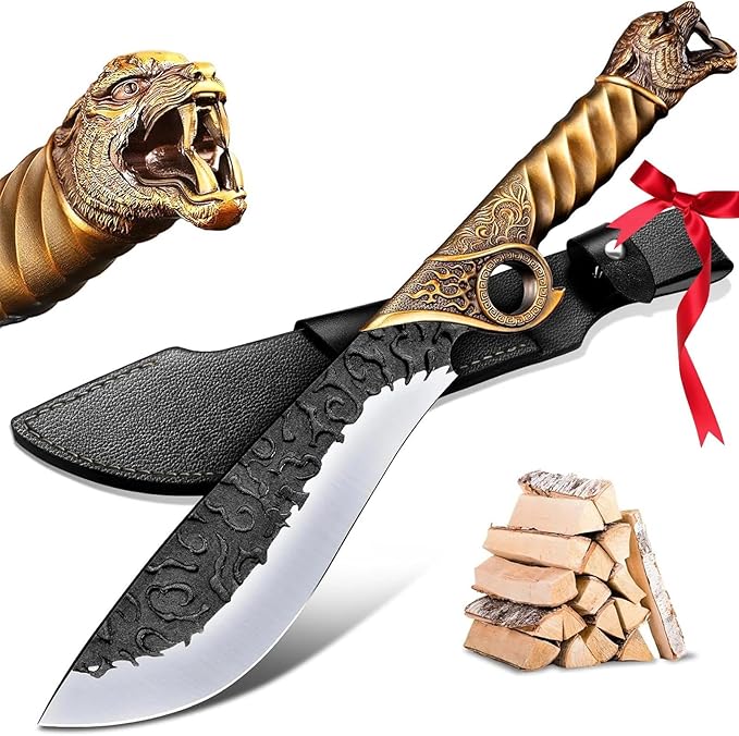 Purple Dragon Heavy Duty Machete for Cutting Trees – Japanese Forged Survival Machete with Tiger Head Handle, Gardening Machetes with Leather Sheath, Yard Work & Outdoor Camping Machetes