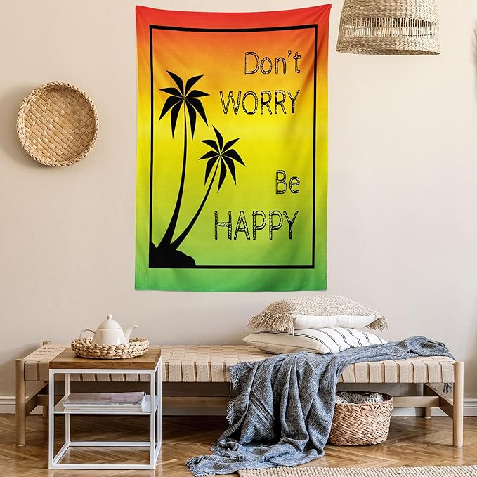 Ambesonne Rasta Tapestry, Dont Worry Be Happy Music Words of Iconic Singer Palms Ombre Colors, Fabric Wall Hanging Decor for Bedroom Living Room Dorm, 23" X 28", Lime Green Yellow Black